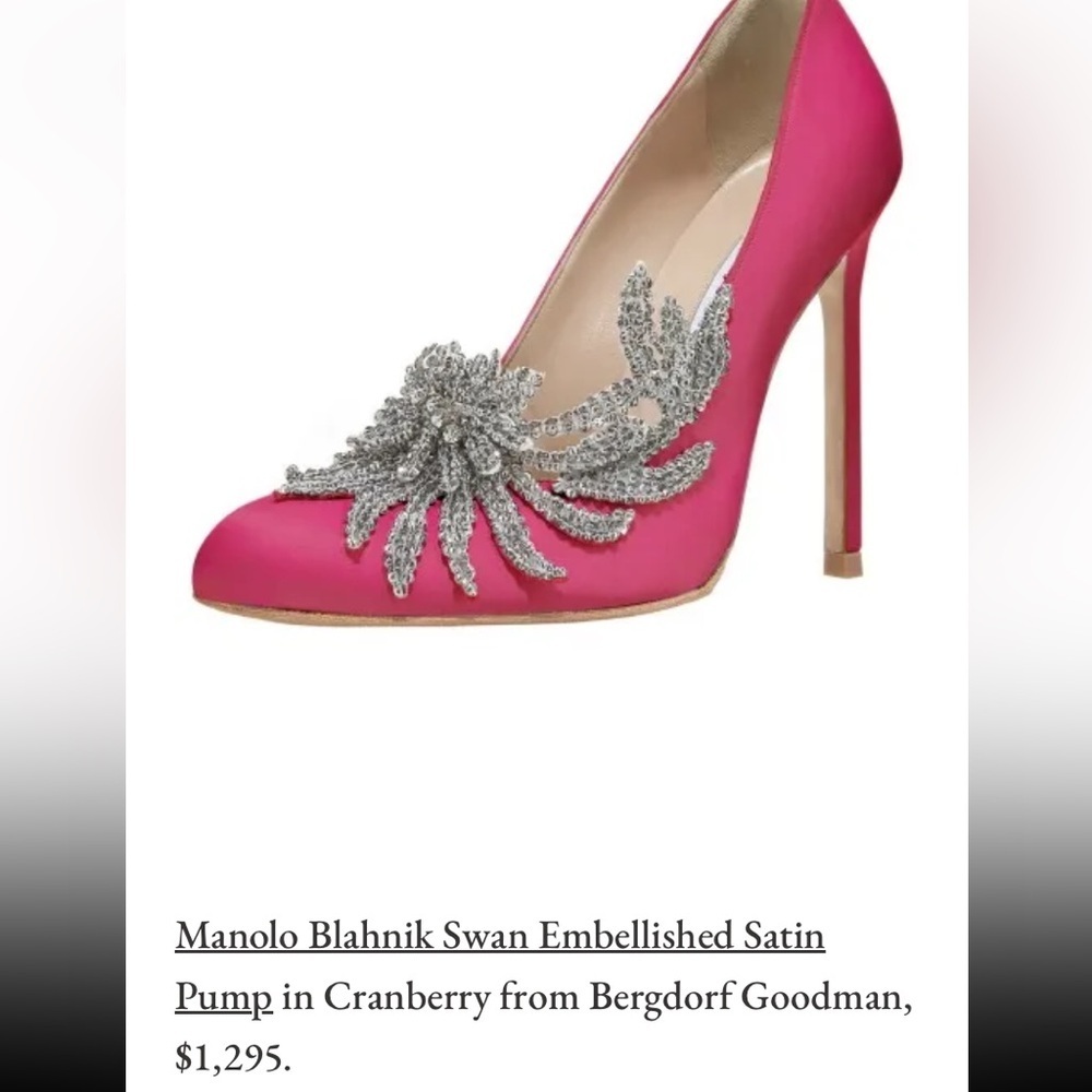 Manolo Blahnik Swan Embellished Satin Pump Heels Silver Sequin Hot Pink Fuschia - Picture 10 of 11
